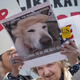 A woman protesting outside a rally in Janesville, Wisconsin today (Photo by Scott Olson/Getty Images)
